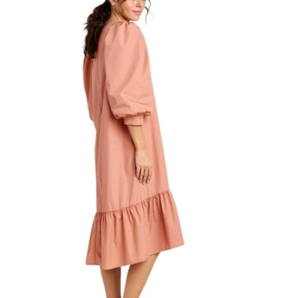 A New Day Long Puff Sleeve V-Neck Midi Dress Ruffle Hem Pockets - Picture 9 of 12